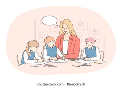 Working with children, job, professions concept. Young smiling woman teacher or nanny drawing together with children in school or kindergarten. Job specialist, working sphere illustration