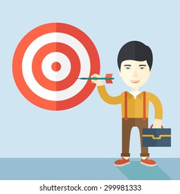 A working chinese man with strategy on how to get his target market sales higher. Market strategy concept. A Contemporary style with pastel palette, soft blue tinted background. Vector flat design