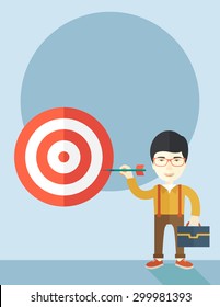 A working chinese man with strategy on how to get his target market sales higher. Market strategy concept. A Contemporary style with pastel palette, soft blue tinted background. Vector flat design