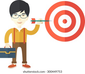 A working chinese man with strategy on how to get his target market sales higher. Market strategy concept. A Contemporary style. Vector flat design illustration isolated white background. Square