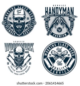 Working class monochrome vintage labels with bearded and mustached skulls adjustable pliers crossed welding torches putty knives hacksaws isolated vector illustration