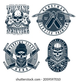 Working class monochrome vintage prints with skulls in beanie hat and builder helmet towing chains crossed gas burners two handed saws hammers isolated vector illustration