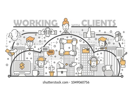 Working with clients concept vector illustration. Modern thin line art flat style design element with client support symbols, icons for website banners and printed materials.