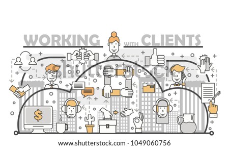 Working with clients concept vector illustration. Modern thin line art flat style design element with client support symbols, icons for website banners and printed materials.
