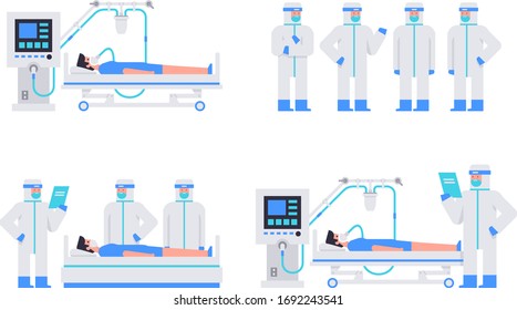 Working at Clinic. Group of doctors in protective suits. Doctors in a protective suit examine the patient. A man is lying on a bed in a hospital room, connected to a Ventilator Medical Machine. Corona