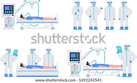 Working at Clinic. Group of doctors in protective suits. Doctors in a protective suit examine the patient. A man is lying on a bed in a hospital room, connected to a Ventilator Medical Machine. Corona