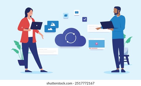 Trabajar en la nube - Dos empresarios trabajando y colaborando con la tecnología de la nube en el lugar de trabajo de la oficina. Ilustración vectorial de diseño plano