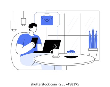 Working in a coffee shop isolated cartoon vector illustrations. Young man with smartphone and laptop working from coffee shop, remote job, freelancer lifestyle, digital nomad vector cartoon.