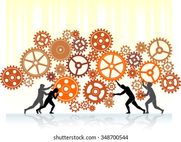 Working Cogs-Four men turning large gears, abstract concept teamwork