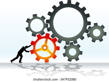 Working Cogs-Man pushing cogs, abstract concept