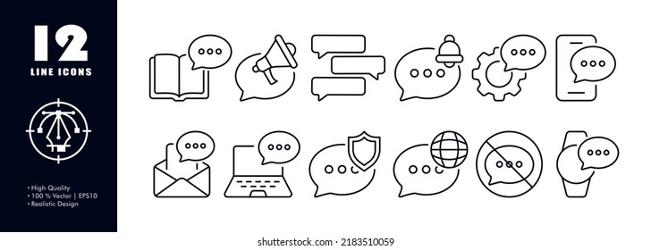 Working communication set icon. Book, speech bubble, megaphone, notification, bell, gear, phone, letter, laptop, shield, worldwide, internet, schedule. Business concept. Vector line icon for Business.