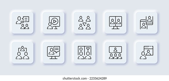 Working communication set icon. Director, manager, distribute tasks, subordinates, hierarchy, teamwork, online conference, phone computer, presentation. Bsuiness concept. Neomorphism. Vector line icon