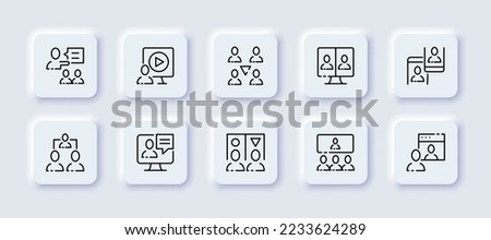 Working communication set icon. Director, manager, distribute tasks, subordinates, hierarchy, teamwork, online conference, phone computer, presentation. Bsuiness concept. Neomorphism. Vector line icon