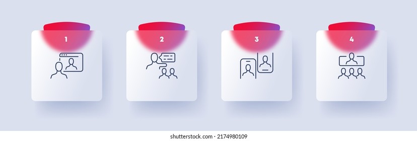 Working communication set icon. Teamwork, phone, online conference, employee, subordinates, message. Business concept. Glassmorphism style. Vector line icon for Business and Advertising.