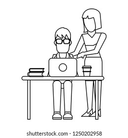 Working with computer avatar black and white Working with computer avatar black and white