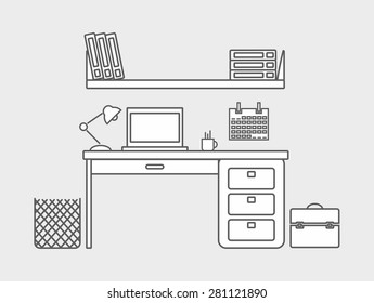 Working computer desk, laptop, lamp, computer, vector illustration linear