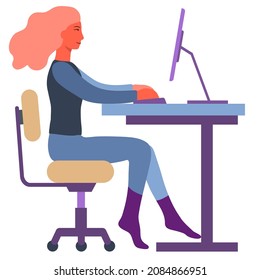 Working at the computer, the girl works in the office or at home, typing on the keyboard and looking at the monitor, the concept of remote work. Vector illustration, isolated.