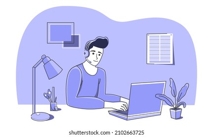 Working at the computer with headphones. Cartoon character. Vector. Can be used for internet advertising, web design. 