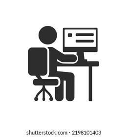 Trabajar en el icono del equipo. Persona sentada en una silla en un ordenador. Símbolo blanco y negro monocromo