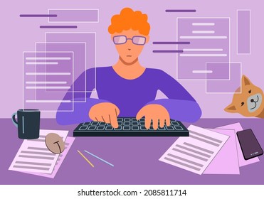 Working at a computer. A man with glasses sitting in front of a monitor and typing on a keyboard, front view. The concept of remote work or office work, digital technology, programming