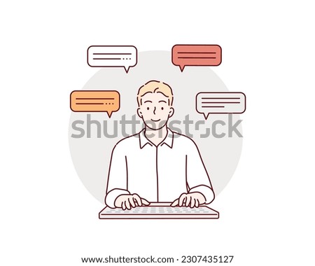 Working at a computer. A man  sitting in front of a monitor and typing on a keyboard, front view. Hand drawn style vector design illustrations.
