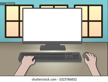 Working at a computer in morning  vector style
