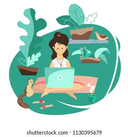 Working at computer in nature. Rest in the park. Picnic in the garden. Summer, girl and cat. Green grass, bushes and a dove. Freelancer and notebook