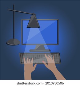 Working at the computer at night, female hands on the keyboard, table lamp - vector. Doom scroll. Internet addiction.