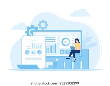 Working with computer screen trending flat illustration