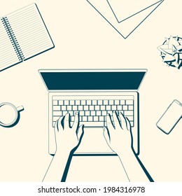 Working at the computer top view. Office workplace. Vector illustration