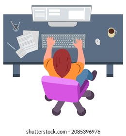 Trabajando en la computadora, ver desde arriba, ilustración de niña sentada en casa trabajando en la computadora. Hogar, freelance. Hombre tecleando en el teclado y mirando el monitor. Gráficos vectoriales