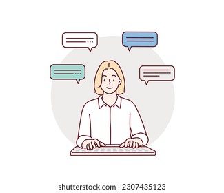 Working at a computer. A woman  sitting in front of a monitor and typing on a keyboard, front view. Hand drawn style vector design illustrations.