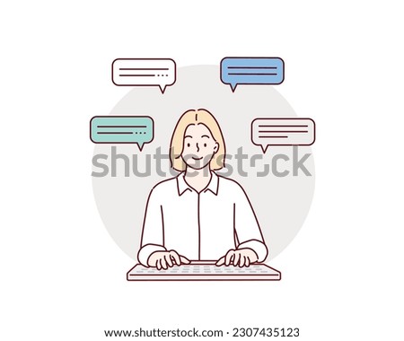 Working at a computer. A woman  sitting in front of a monitor and typing on a keyboard, front view. Hand drawn style vector design illustrations.