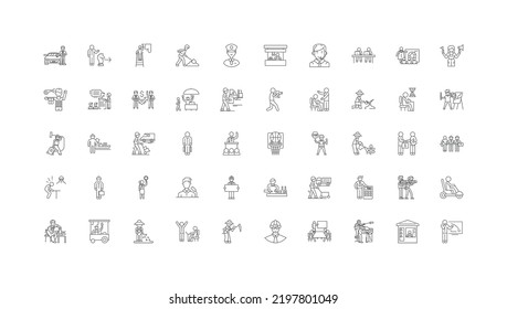 Ilustración de concepto de trabajo, iconos lineales, conjunto de signos de línea, colección de vectores