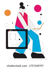 Working concept illustration. Young  womаn freelancer working on laptops and computers. Vector flat style illustration