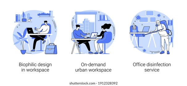 Working Conditions Abstract Concept Vector Illustration Set. Biophilic Design In Workspace, On-demand Urban Workplace, Office Disinfection Service, Employee Safety, Nature Abstract Metaphor.