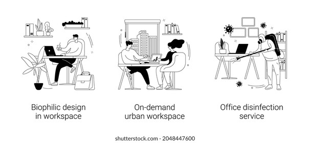 Working conditions abstract concept vector illustration set. Biophilic design in workspace, on-demand urban workplace, office disinfection service, employee safety, nature abstract metaphor.