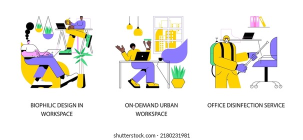 Working conditions abstract concept vector illustration set. Biophilic design in workspace, on-demand urban workplace, office disinfection service, employee safety, nature abstract metaphor.