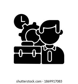 Working conditions black glyph icon. Corporate recruitment, professional occupation. Business management silhouette symbol on white space. Executive manager, office worker vector isolated illustration