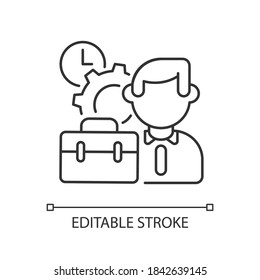 Icono lineal de condiciones de trabajo. Contratación corporativa. Ilustración personalizable de línea delgada comercial. Símbolo de contorno. Gerente ejecutivo, dibujo de contorno aislado del vector del trabajador de oficina. Trazo editable