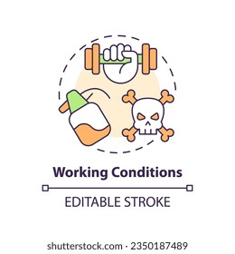 Working conditions multi color concept icon. Toxic chemicals. Hard work. Farm worker. Manual labor. Hazardous substance. Round shape line illustration. Abstract idea. Graphic design. Easy to use