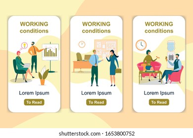 Working Conditions Onboarding App Screen Template. Office Lifestyle Mobile Website, Application Walkthrough with Flat Characters. Training Courses, Professional Staff and Lunch Break App Pages Concept