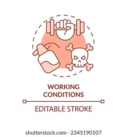 Working conditions red concept icon. Toxic chemicals. Hard work. Farm worker. Manual labor. Hazardous substance. Round shape line illustration. Abstract idea. Graphic design. Easy to use