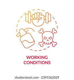 Working conditions red gradient concept icon. Toxic chemicals. Hard work. Farm worker. Manual labor. Hazardous substance. Round shape line illustration. Abstract idea. Graphic design. Easy to use
