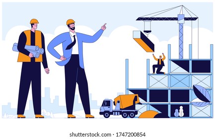 Working at construction site Engineers industrial technicians and workers team in hard hats discuss new project They're making calculated engineering decisions Vector flat horizontal illustration