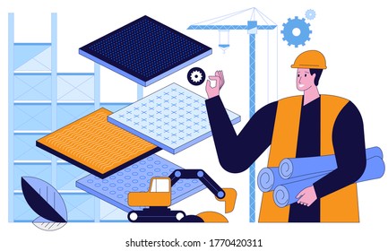 Working at construction site Engineers industrial technicians and workers team in hard hats discuss new project They're making calculated engineering decisions Vector flat horizontal illustration