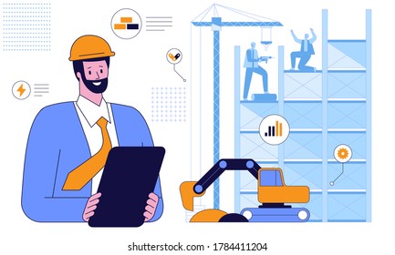 Working at construction site Engineers industrial technicians and workers team in hard hats discuss new project They're making calculated engineering decisions Vector flat horizontal illustration