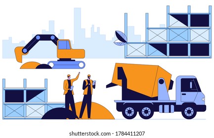 Working at construction site Engineers industrial technicians and workers team in hard hats discuss new project They're making calculated engineering decisions Vector flat horizontal illustration