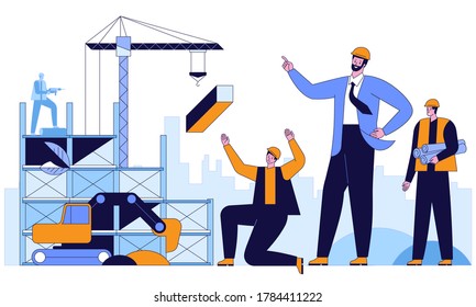 Working at construction site Engineers industrial technicians and workers team in hard hats discuss new project They're making calculated engineering decisions Vector flat horizontal illustration