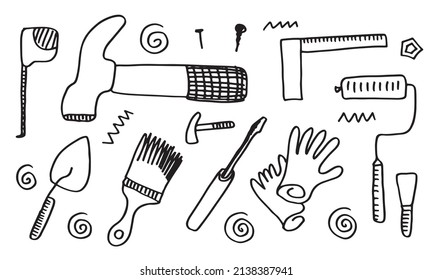 Working construction tools doodles collection on white background,